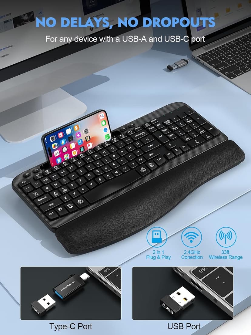 Ergonomic Wireless Keyboard with Cushioned Wrist Rest, Wave Keys, Phone Holder, Comfortable Natural Typing, 2.4GHz Full Size Silent Cordless USB Computer Keyboard for Laptop, Mac, Windows (Black)
