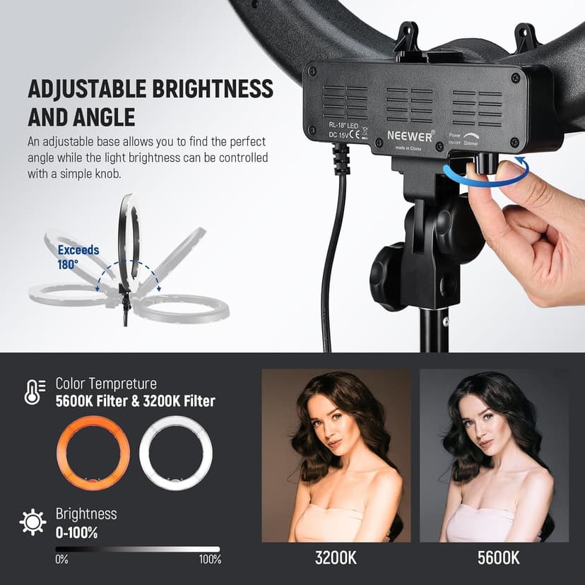 NEEWER 18 Inch Ring Light with Tripod Stand, 55W Large LED Ringlight, Cold Shoe Phone Holder Compatible with iPhone Camera for Video Recording Photography Streaming Selfie Makeup Studio Photo, RL-18