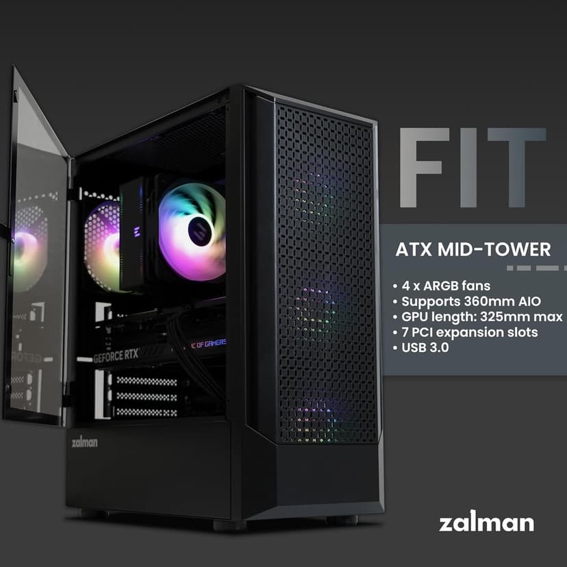 Zalman FIT Mid Tower ATX PC Case - 4 x Pre-Installed ARGB Fans, Swing Door Tempered Glass, USB 3.0, Support up to 6 x 120mm Fans, 325mm GPU, 360mm Radiator, Black