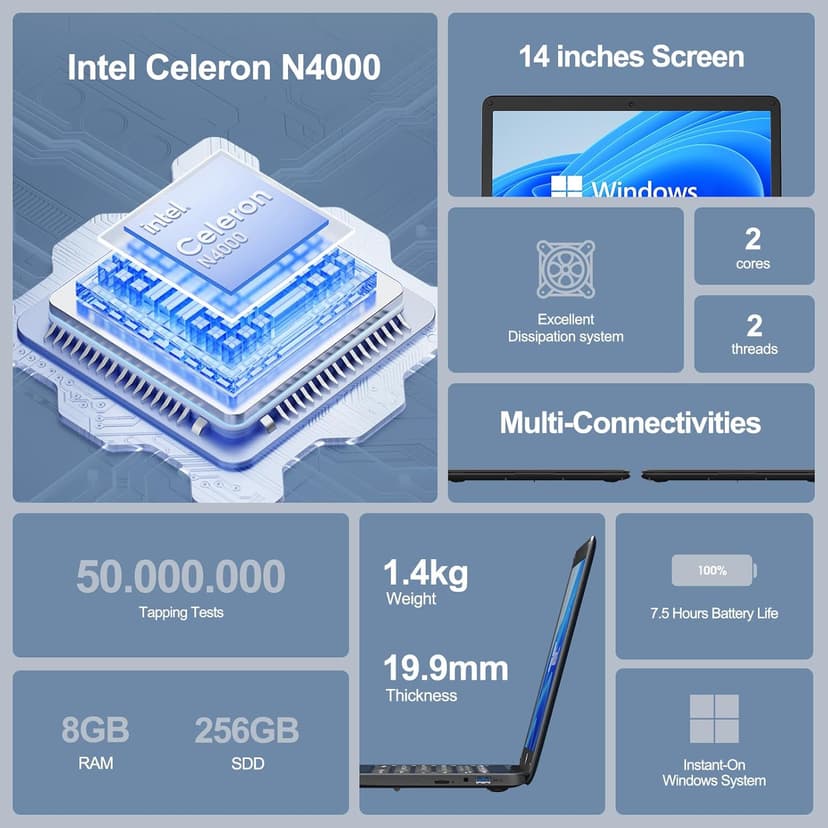 Itel 14 inch Laptop Computer, Intel Celeron N4000, 8GB RAM & 256GB SSD, Intel UHD Graphics 600, Windows, 14-inch Micro-Edge HD Display, Ultra Slim, Long Battery Life, 2.4G/5G WiFi, BT 5.0, HDMI