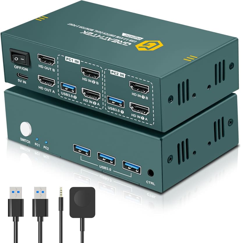 HDMI KVM Switch 2 Monitors 2 Computers 4K@60Hz, USB3.0 KVM Switch Dual Monitor with 3 USB 3.0 Ports Sharing Keyboard and Mouse, Printer/Scanner, Desktop Controller