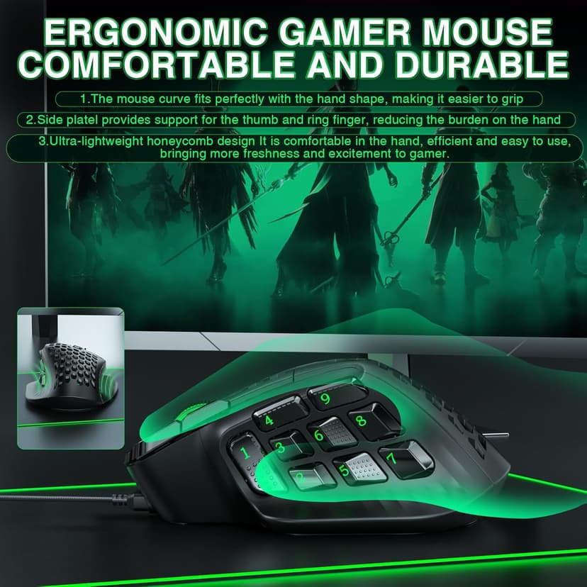 SOLAKAKA SM809 Wired MMO Gaming Mouse, with 9 Side Buttons RGB Mouse, 24000 DPI High-Precision Optical Sensor, Ergonomic Mice, 16 Programmable Macro Shortcuts/Remapping PC Gaming Mouse for FPS Games