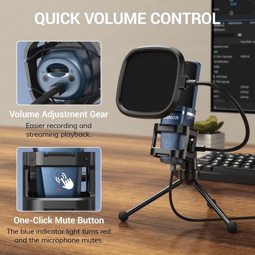 TONOR TC-777 Podcast Microphone, USB Computer Microphone, Cardioid Condenser PC Mic with Tripod Stand and Pop Filter for Podcasting, Streaming, Vocal Recording, Compatible with PC & Laptop, PS4/5