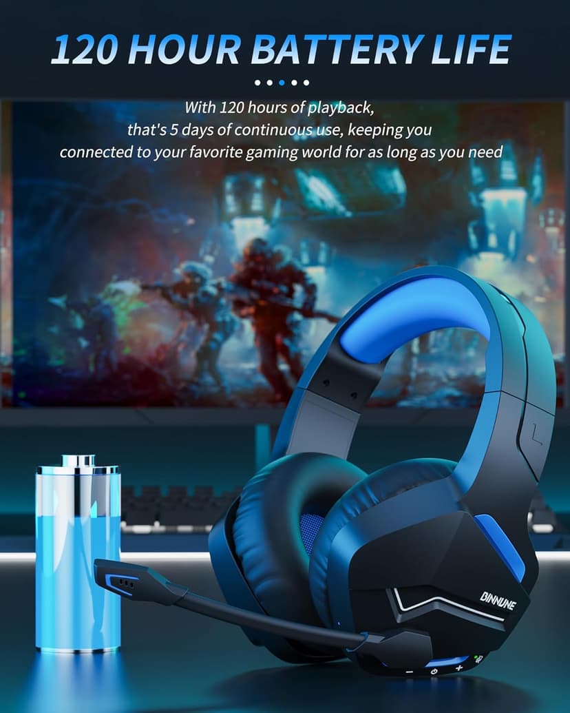 BINNUNE Wireless Gaming Headset with 2.4GHz for PS5, PS4, PC, Switch, FPS Gamers, 120Hrs+ Bluetooth 5.3 Gaming Headsets with Noise Canceling Mic, 50MM Headphones for Laptop, Mobile, Mac (Blue)