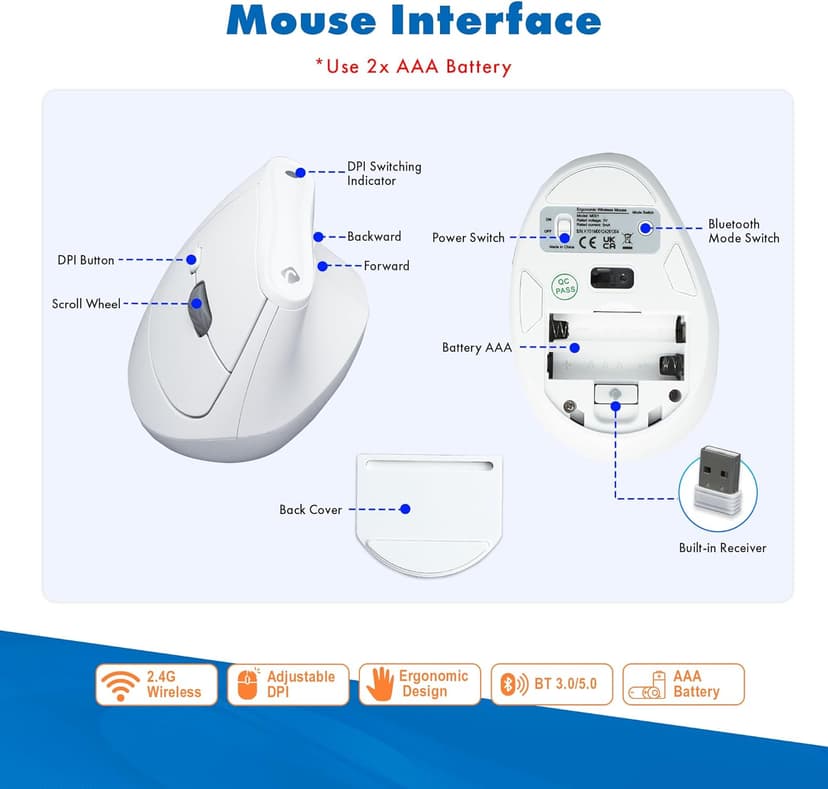 J-Tech Digital Wireless Mouse, Vertical Ergonomic Mouse with 2.4G Wireless & Bluetooth for 3 Multi-Device Function, Adjustable DPI Modes, Compatible with PC, Mac, Laptop - White