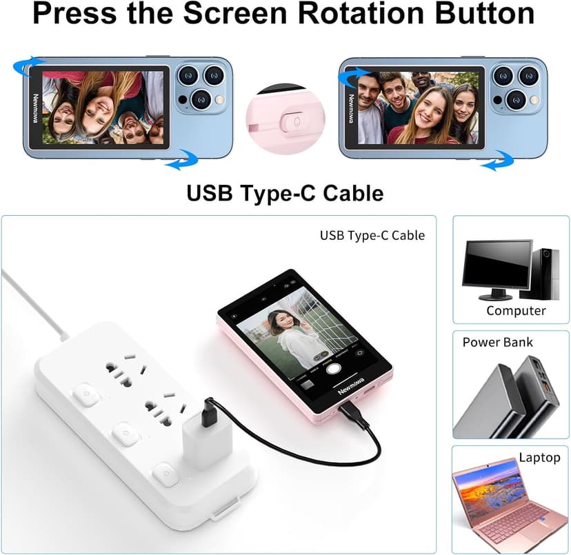 Newmowa Pink Magnetic Phone Vlog Selfie Monitor Screen, 1080P Wireless Recording, Using Phone Rear Camera for Selfie Vlog Live Stream TikTok, Compatible with iPhone(Support 4K 30fps Wired Recording)