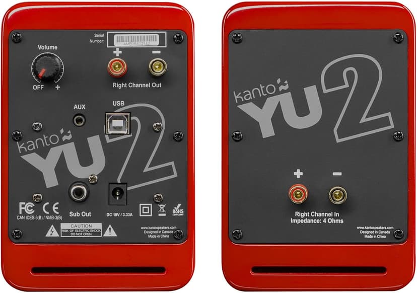 Kanto YU2GR PC Gaming Desktop Speakers | 3" Composite Drivers | 3/4" Silk Dome Tweeter | Class D Amplifier | 100 Watts | Built-in USB DAC | Subwoofer Output | Pair | Gloss Red