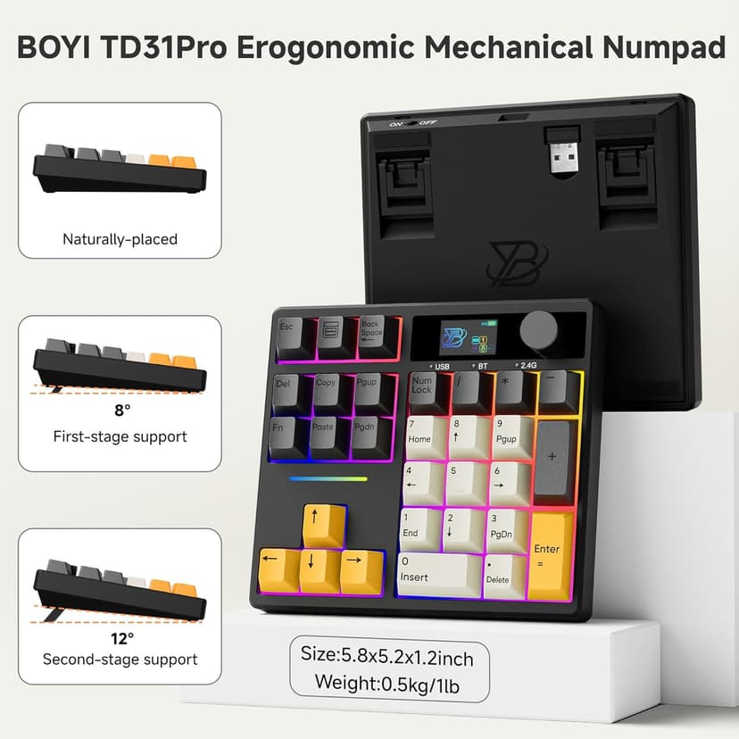 BOYI TD31Pro Mechanical Number Pad,Bluetooth5.0/2.4G/Type-C Wireless Numeric Keypad,RGB HotSwap Numpad with Screen&Knob,PBT Keycaps Rechargeable Gasket Number keypad for PC Laptop Desktop(Black-Grey)