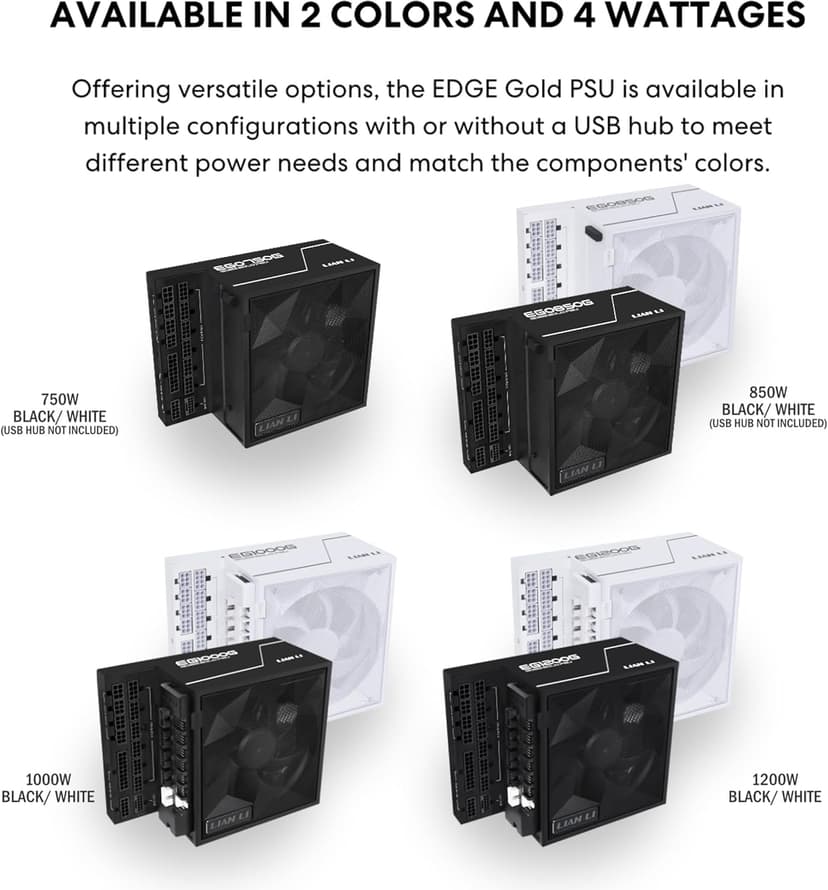 Lian Li Edge Serie - 1000W Full Modular Power Supply (Fan USB Hub Included) - Gold - ATX 3.1 - PCIE 5.1 Support - 12V-2x6 Connector - L-Shape Design for Dual Chamber Case - White (EG1000G.WH)