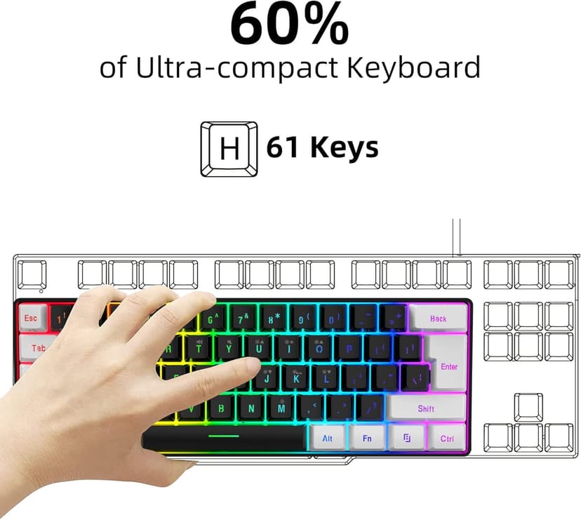 Snpurdiri 60% Wired Gaming Keyboard, Small RGB Backlit Membrane Gaming Keyboard, Ultra-Compact Mini Waterproof Keyboard for PC Computer Gamer White and Black