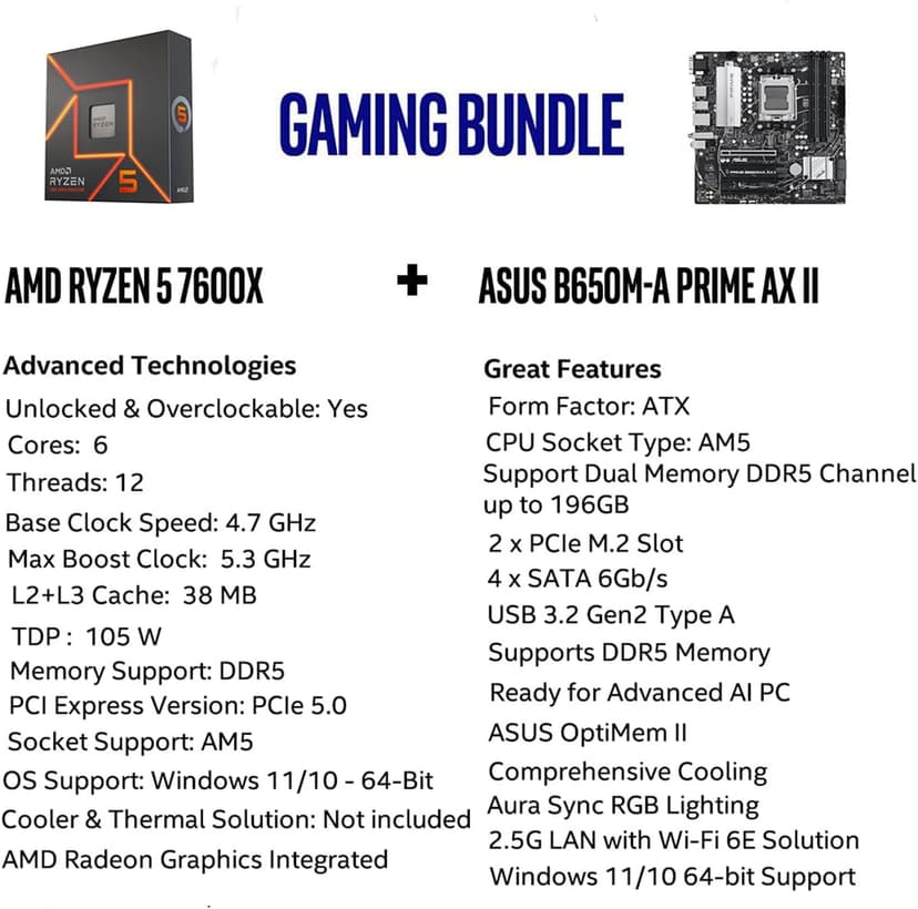 Micro Center AMD Ryzen 5 9600X CPU Processor Bundle with ASUS Prime B650M-A AX II Micro ATX Motherboard (DDR5, PCIe 5.0, Wi-Fi 6, USB 3.2 Gen 2)