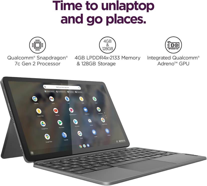 Lenovo Chromebook Duet 3 2-in-1 Tablet Laptop w/Detachable Keyboard (11" QHD Touchscreen, 8-Core Qualcomm CPU, 4GB RAM, 128GB (64GB eMMC + 64GB SD Card)) USI Pen, 8MP Webcam, Chrome OS, Grey