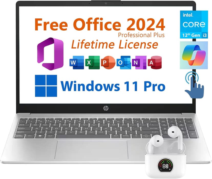 HP 15.6" Business Laptop, Free Microsoft Office 2024 Lifetime License, Copilot AI Chat, HD Touchscreen Display, Intel 6-Core i3-1215U 4.4 GHz, 16GB RAM, 1TB SSD, Long Battery Life, Windows 11 Pro