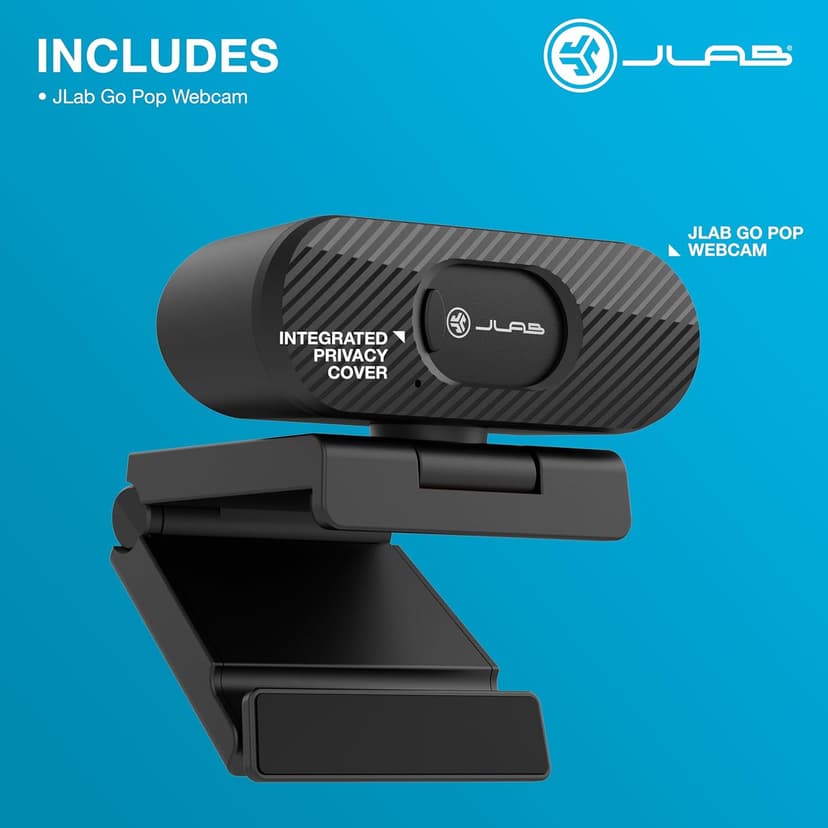 JLab Go Pop Cam USB HD Webcam, Black, 1080P/30 FPS, 2.1 Megapixels, Built-in Privacy Shutter, Minimalist Portable Set-up, Clip-on Design Compatible with PC, Mac and Chromebook