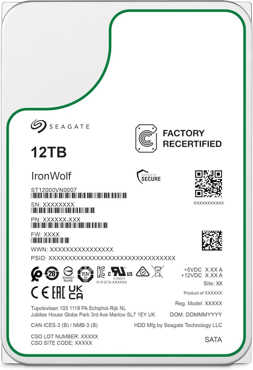 Seagate (Recertified) 12TB IronWolf NAS SATA Hard Drive 6Gb/s 256MB Cache 3.5-Inch Internal Hard Drive for NAS Servers, Personal Cloud Storage (ST12000VN0007)