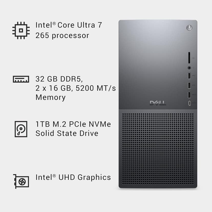 Dell Tower Plus EBT2250 Desktop - Intel Core Ultra 7 265, 1TB SSD, 32GB DDR5 RAM, Intel UHD, 1 Year Onsite Service & 6 Month Migrate, Windows 11 Home, 1-Year McAfee+Premium Protection - Black