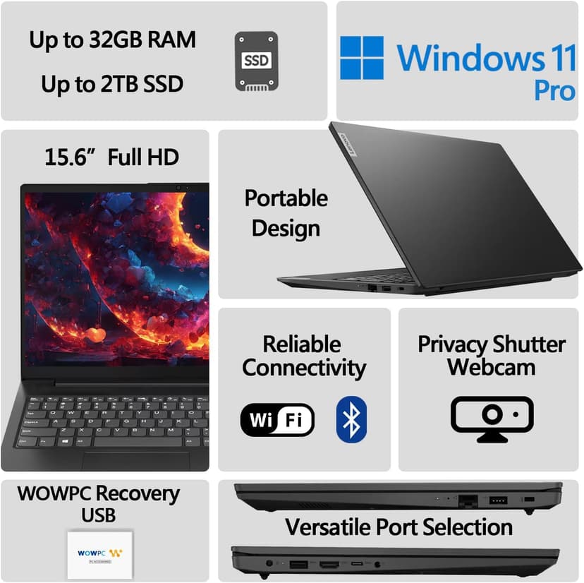 Lenovo New V15 Essential Laptop | Intel Multitasking 4-core Processor | 32GB RAM | 1TB SSD | 15.6" FHD 1080p Display | Ethernet RJ-45 | Rugged Design | Windows 11 Pro | WOWPC Recovery USB