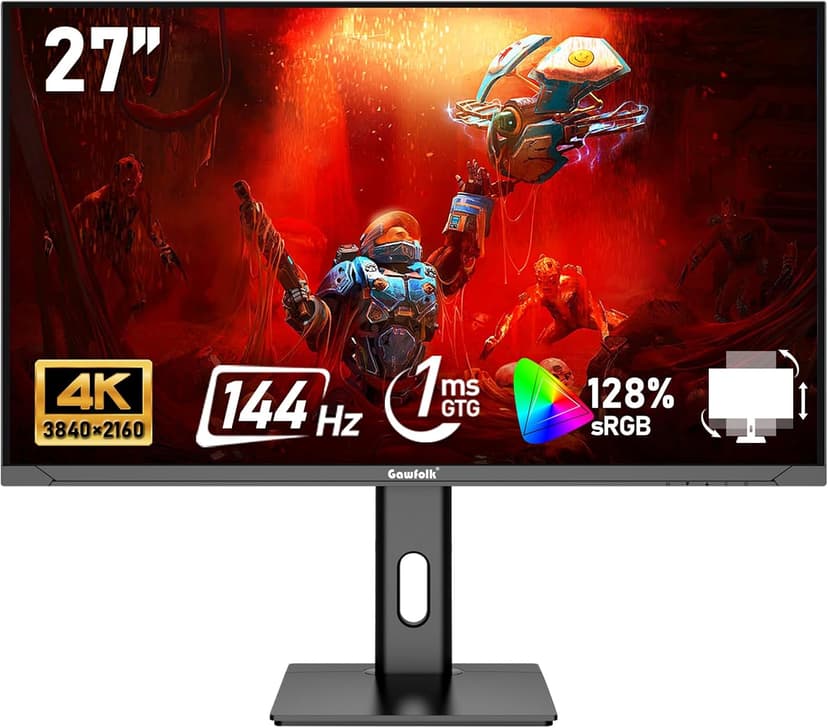 27 inch IPS PC Screen, 4K Gaming Monitor 144Hz, 1ms, FreeSync, 128% sRGB, 178° Wide Viewing Angle, HDMI 2.1, DisplayPort,Height-Adjustable and Swivel,75 * 75MM Wall Mount Compatible - Black