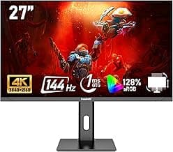27 inch IPS PC Screen, 4K Gaming Monitor 144Hz, 1ms, FreeSync, 128% sRGB, 178° Wide Viewing Angle, HDMI 2.1, DisplayPort,Height-Adjustable and Swivel,75 * 75MM Wall Mount Compatible - Black