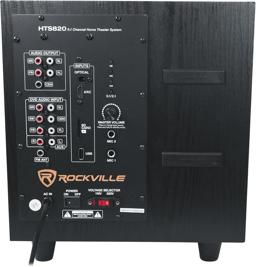 Rockville HTS820 1500W 5.1 Channel Home Theater System with 8" Subwoofer, Bluetooth, USB, Includes Remote and Speaker Mounts - Perfect for Movies, Music, Karaoke