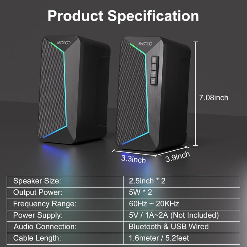 Jeecoo M30 Bluetooth Computer Speakers, PC Gaming Speakers for Desktop with Crisp Stereo Sound, Dynamic LED Modes, Easy-Access Control, 10W - USB-Powered