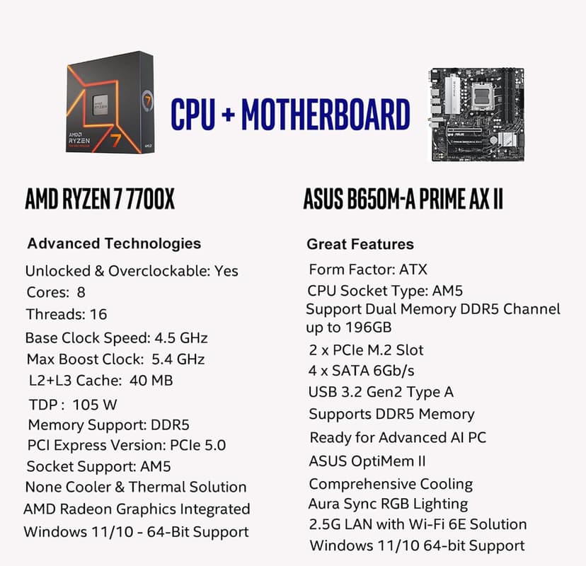 MICRO CENTER AMD Ryzen 7 7700X CPU Processor with ASUS Prime B650M-A AX II Micro ATX Motherboard