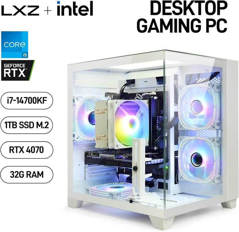 LXZ Gaming Desktop Core I7-14700KF 6 core 2.5GHz PC Computer, RTX 4070 12G, 32G DDR5 RAM, 1TB NVME SSD, Prebuilt Gaming PC Tower Computer for Home and Office (White)