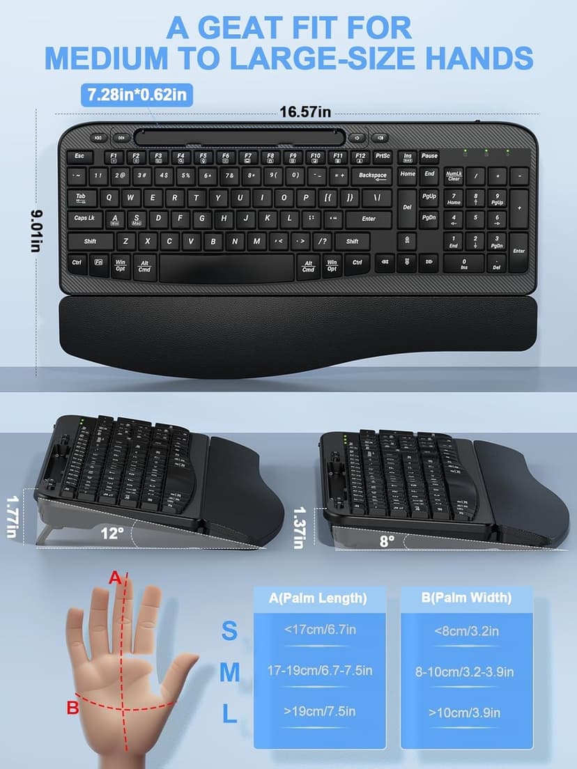 Ergonomic Wireless Keyboard with Cushioned Wrist Rest, Wave Keys, Phone Holder, Comfortable Natural Typing, 2.4GHz Full Size Silent Cordless USB Computer Keyboard for Laptop, Mac, Windows (Black)