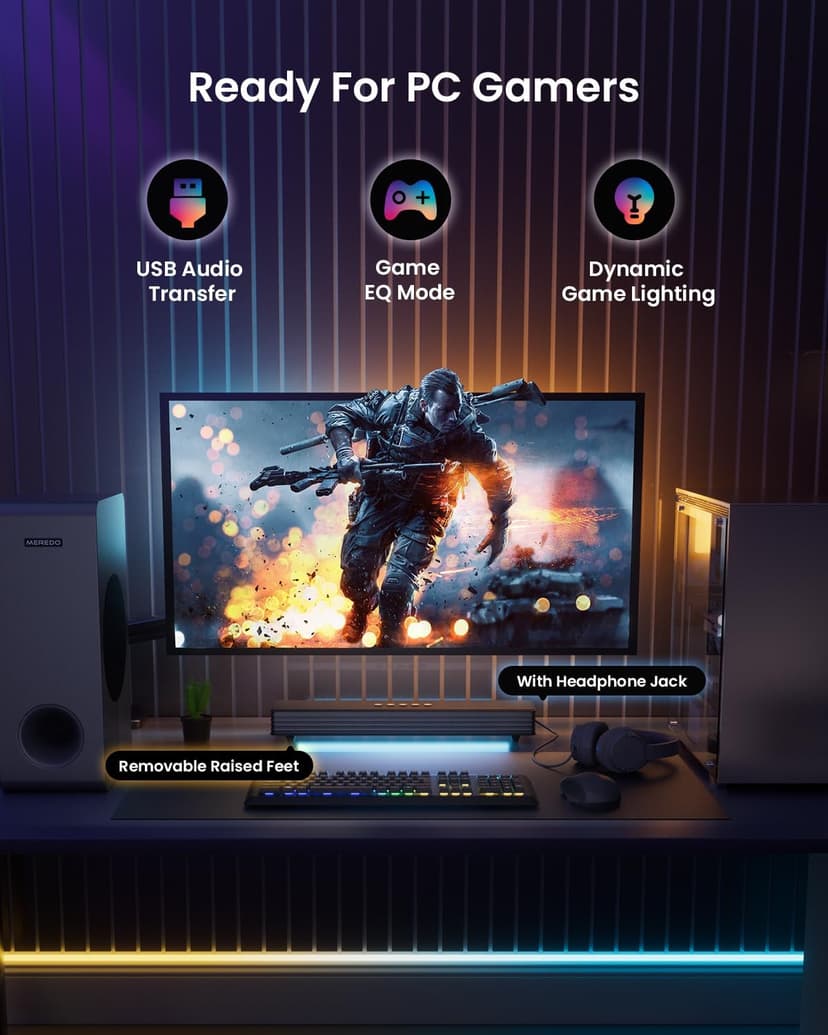 MEREDO Sound Bar for Smart TV 3.1CH PC Gaming Soundbar with Subwoofer RGB Lighting Audio Sync Surround Sound System BT 5.3/HD-ARC/Optical/AUX/USB for Desktop Tablets Consoles Home Cinema