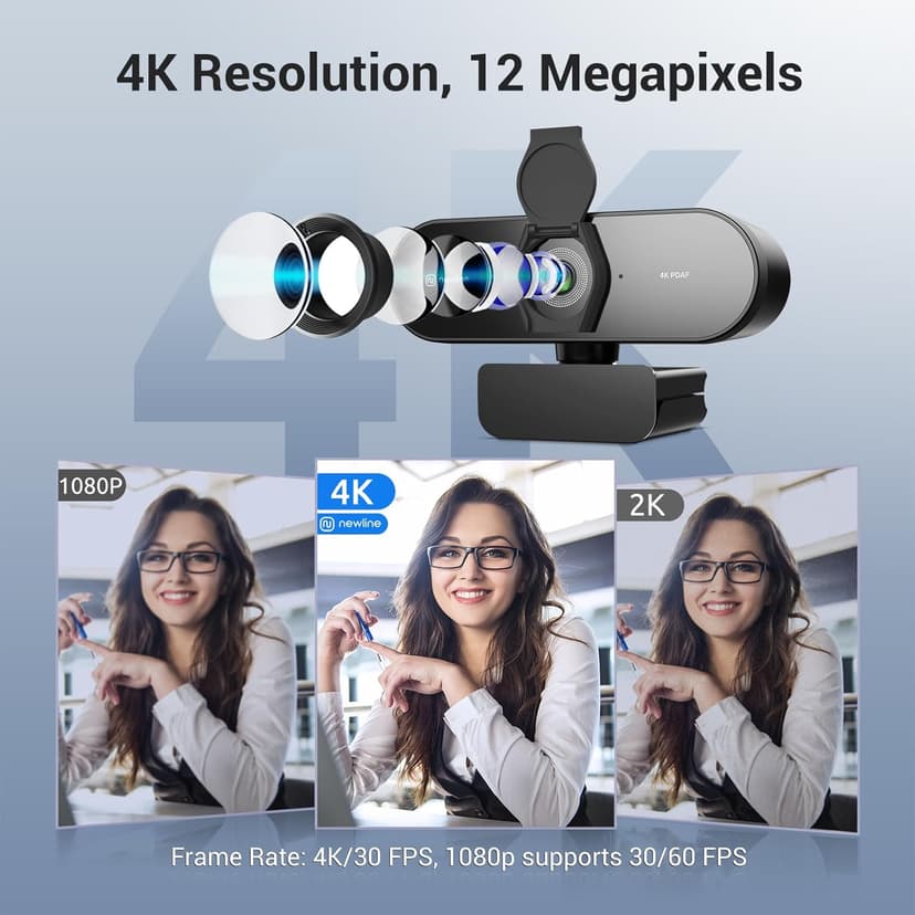 4K Webcam for PC with Tripod, PDAF Autofocus, 1080P@60FPS, 79° FOV, Low Distortion, 2 Noise Reduction Mics, Privacy Cover, Plug&Play, PC Camera for Skype, Teams, Zoom, NewEye 62 Kit