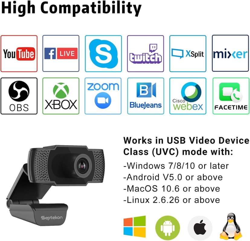 Septekon 1080P HD Webcam with Microphone, Streaming Computer Web Camera for Laptop/Desktop/Mac/TV, USB PC Cam for Video Calling, Conferencing, Gaming