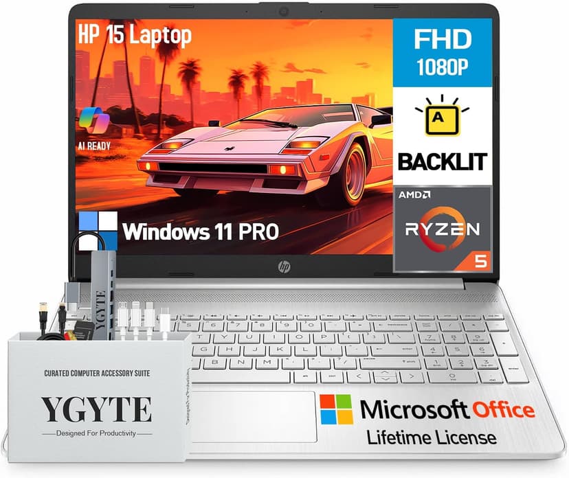 HP 15 Inch Laptop Computer, 15.6" FHD AMD Ryzen 5 Laptop with Lifetime Microsoft Office, Windows 11 Pro, 32GB RAM 1TB SSD+512GB Docking Set, Backlit Keyboard, 10-Key Number Pad