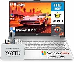 HP 15 Inch Laptop Computer, 15.6" FHD AMD Ryzen 5 Laptop with Lifetime Microsoft Office, Windows 11 Pro, 32GB RAM 1TB SSD+512GB Docking Set, Backlit Keyboard, 10-Key Number Pad