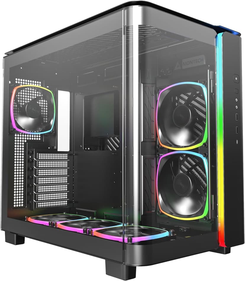 MONTECH King 95 PRO Dual-Chamber ATX Mid-Tower PC Gaming Case, High-Airflow, Toolless Panels, Sturdy Curved Tempered Glass Front, Six ARGB PWM Fan Pre-Installed with Fan Hub, King 95 PRO Black US