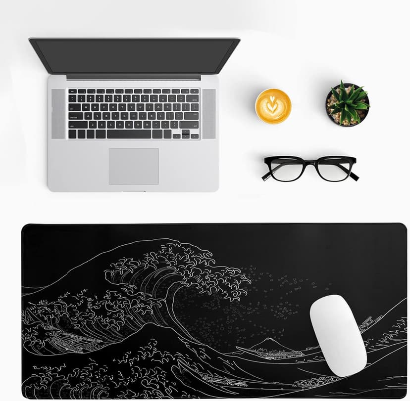 Japanese Sea Wave Large Mouse Pad, Anime Black Gaming, Extended Kanagawa Mat Desk Pad, 3mm Thick Long Non-Slip Rubber Base Mice Pad, 31.5 X 11.8 Inch