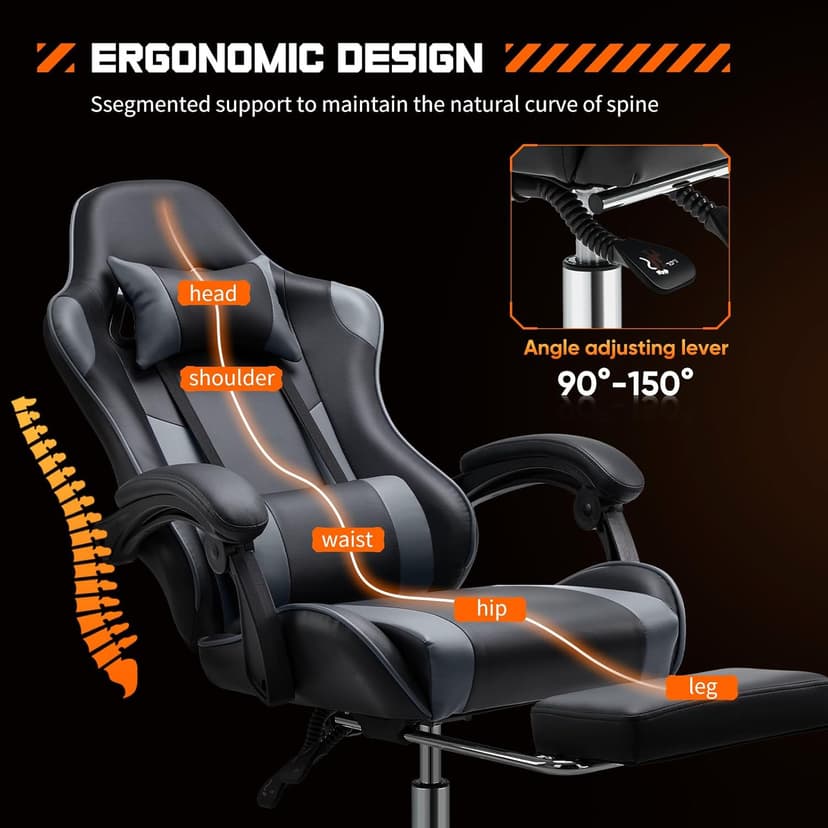 Sweetcrispy Video Game Desk Chair - Ergonomic Computer with Footrest and Comfy Lumbar Support, PU Leather Recliner with Headrest, Fixed Up Armrest, Height Adjustable with 360° Swivel, for Adults, Grey