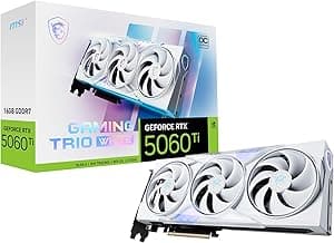 MSI Gaming RTX 5060 Ti 16G Gaming Trio OC White Graphics Card (16GB GDDR7, 128-bit, Extreme Performance: TBA MHz, DisplayPort x 3 2.1a, HDMI 2.1b, NVIDIA Blackwell Architecture)