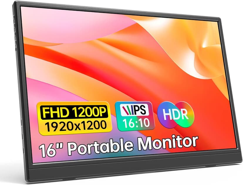 Portable Monitor 16.0inch FHD 1920 * 1200P USB C HDMI Ultra-Slim IPS Travel Display & Speakers, HDR Plug&Play, External Monitor for Laptop PC, Phone,Mac