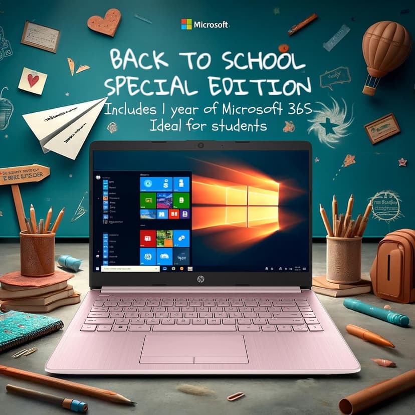 HP 14 Laptop • Back to School Limited Edition with Microsoft 365 • 4-Core Intel CPU • 8GB RAM •1600GB Storage (64GB OnBoard + 512GB P500 Portable SSD + 1TB OneDrive) • Pink • Win 11