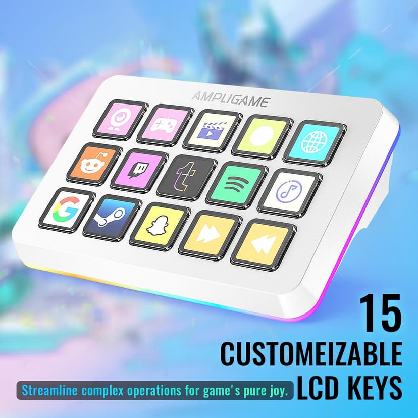 AmpliGame FIFINE Gaming Controller with 15 Shortcuts for OBS Streaming Studio with Macro Keys, Trigger Actions, PC Media RGB Controller for Content Creation/Office Work-D6 White