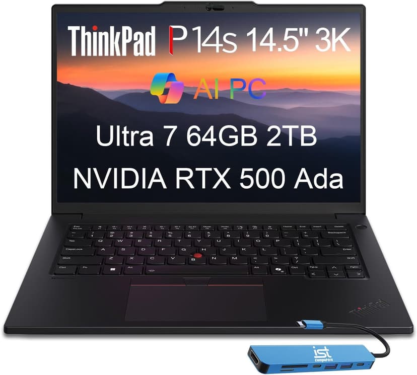 Lenovo ThinkPad P14s Gen 5 Mobile Workstation Laptop (14.5" 3K 120Hz, NVIDIA RTX 500 Ada, Intel Core Ultra 7 155H, 64GB DDR5 RAM, 2TB SSD) AI PC for Designer, Engineer, IST HUB, Win 11 Pro