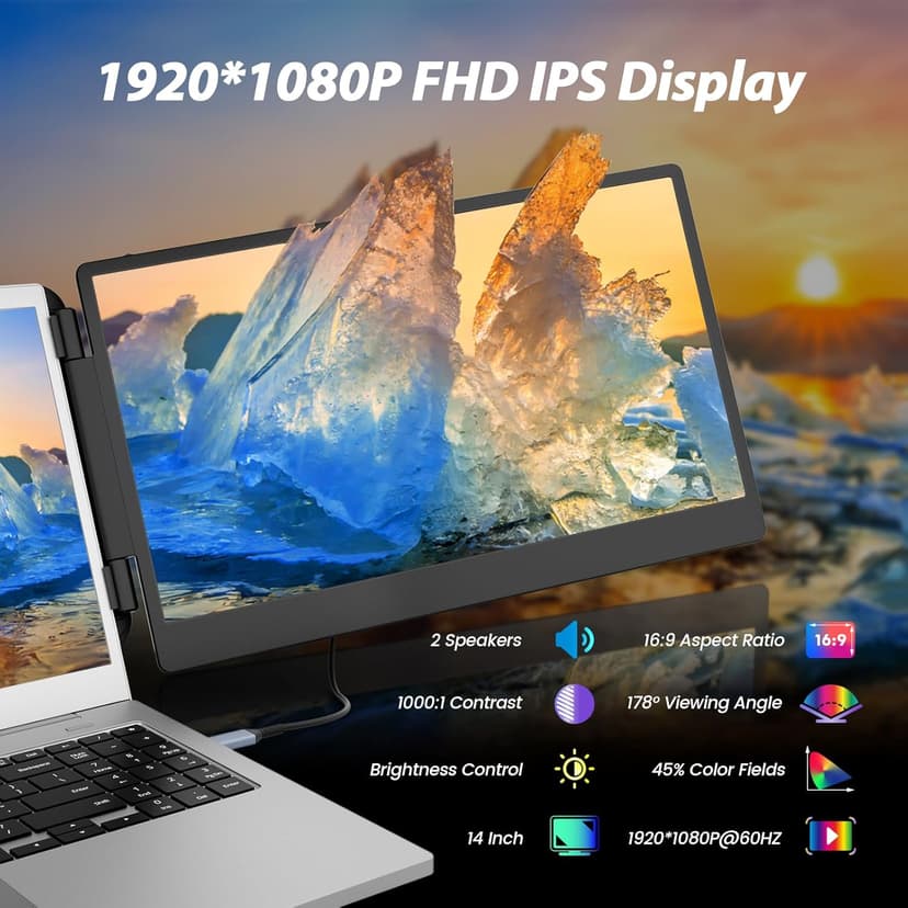 14" Laptop Screen Extender, FHD 1080P IPS Triple Portable Monitor for Laptop, HDMI/USB-A/Type-C Plug and Play for Windows, Mac, Android, Chrome, Switch & PS5, Work with 13.3”-17” Laptops