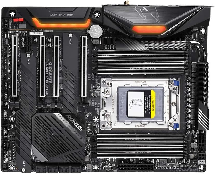 GIGABYTE TRX40 AORUS PRO WIFI (sTRX/AMD/TRX40/Fins-Array Heatsink/12+2 Phases Infineon Digital VRM/3x PCIe 4.0x4 M.2/Intel WiFi 6/Intel GbE LAN/ATX/Motherboard)