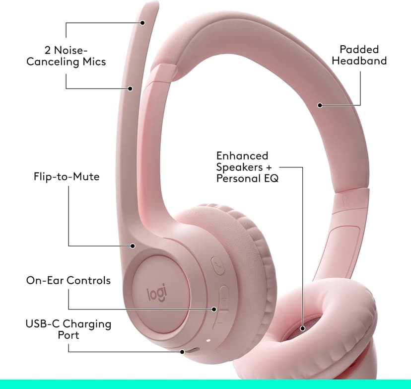 Logitech Zone 300 Wireless Bluetooth Headset with Noise-Canceling Microphone, Compatible with Windows, Mac, Chrome, Linux, iOS, iPadOS, Android – Rose (Renewed)
