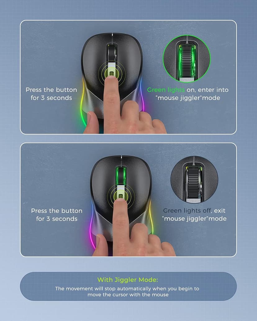 PEIOUS Wireless Mouse, Jiggler Mouse for Laptop - LED Mouse Rechargeable Computer Mice Mouse Mover Undetectable Random Movement with On/Off Button Keeps Computer Awake - Black&Grey
