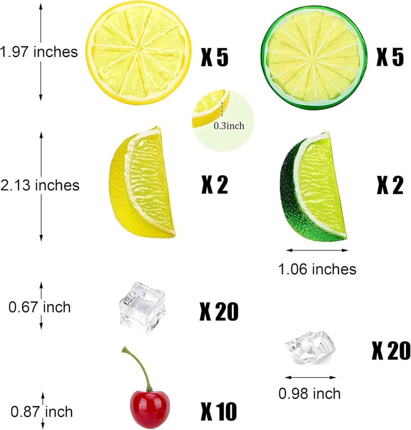 40 Pcs Fake Crushed Ice and Square Ice Rocks,10 Pcs Artificial Fruit Lemon Slices, 4 Pcs Simulation Lemon Blocks and 10 Pcs Lifelike Cherries for Home Kitchen Decoration Photography Prop