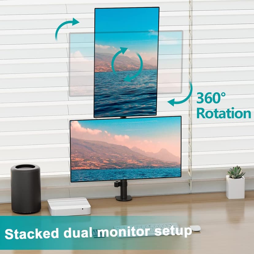 MOUNT PRO Vertical Dual Monitor Stand, Stacked Monitor Mount for 2 Monitors Up to 32 inches, Computer Monitor Arm with Swivel, Tilt, Height Adjustable, Each Monitor Desk Mount Holds up to 17.6 lbs