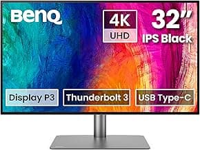 BenQ PD3225U 32 Inch 4K IPS Black UHD Thunderbolt Monitor for MacBook, AQCOLOR, 98% P3, 100% sRGB & Rec.709, DeltaE ≤2, Factory Calibration, USB-C 85W, USB Hub, Daisy Chain, KVM Switch