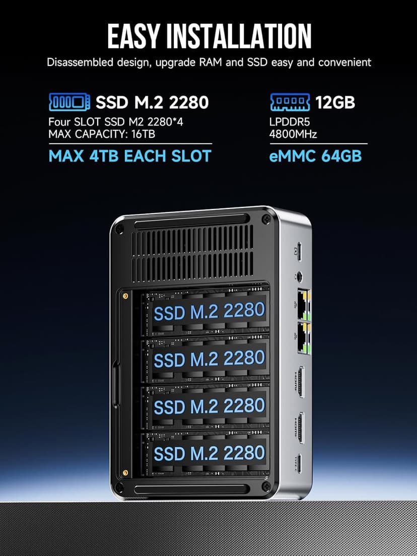 GMKtec Mini PC NAS Intel N150 Dual Boot System 12GB DDR5 64GB EMMC +512GB SSD Desktop Computer 4*M.2 NVMe Slots/Dual NIC 2.5GbE/ USB-C USB 3.2 10Gbps/ Network Attached Storage G9