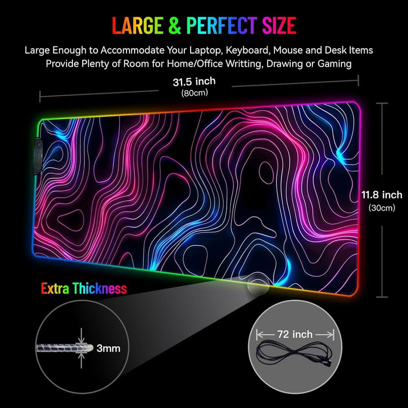 RGB Mousepad LED Desk Mat Gaming Large Keyboard Cute Desktop Computer Laptop 14 Light XXL Long Giant Big Cool Modern Design Unique for Men Boys Gamer Oversized Wide 30x12'' Mousepad, Topo